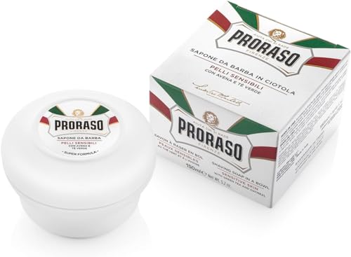 Proraso Shaving Soap in a Bowl, 150ml, Sensitive Skin Shaving Soap with Green Tea and Oat, Made in Italy, White