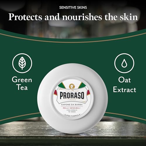 Proraso Shaving Soap in a Bowl, 150ml, Sensitive Skin Shaving Soap with Green Tea and Oat, Made in Italy, White