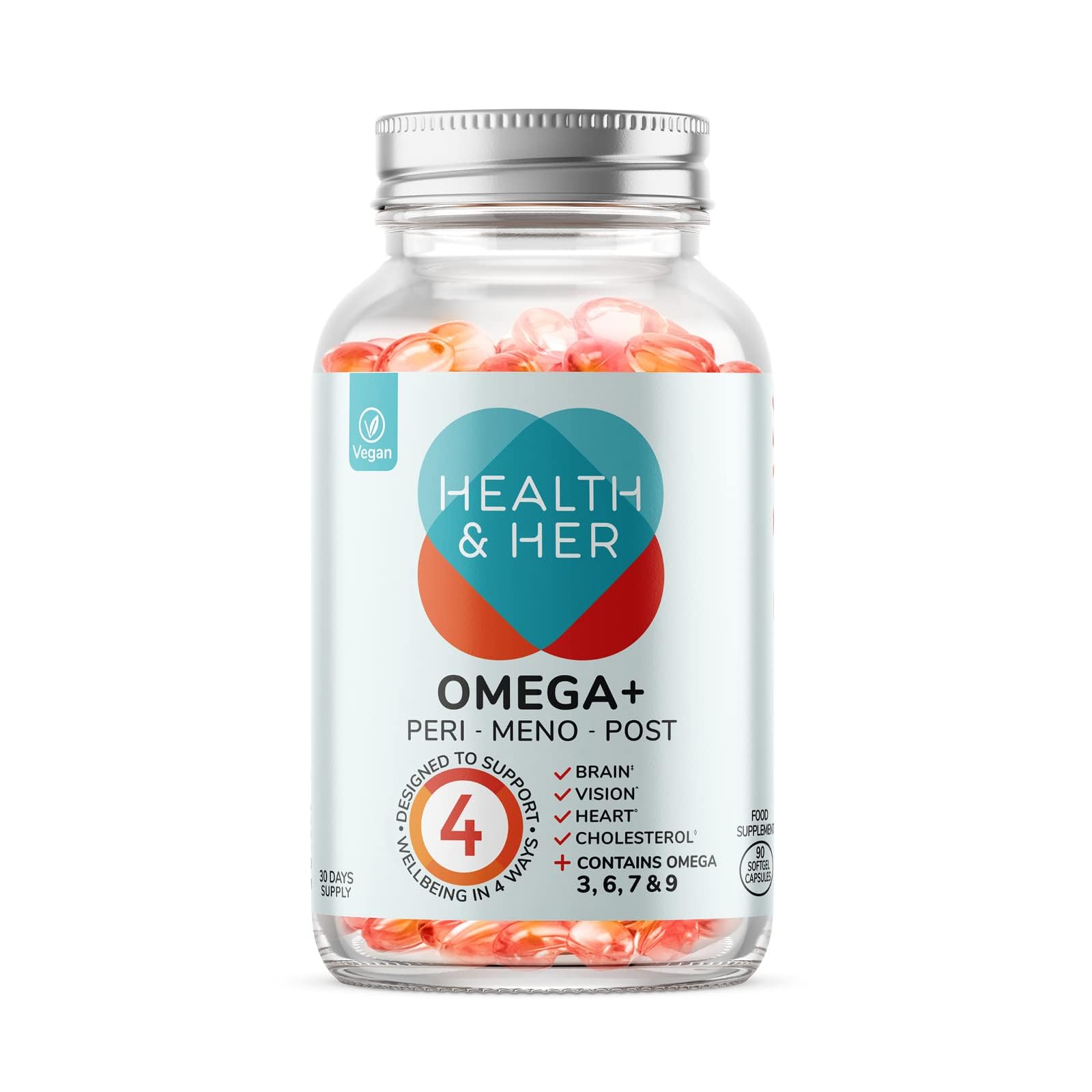 Health & Her Omega+ for Women – Vegan Omega 3,6,7&9 Supplement Containing Evening Primrose, Sea Buckthorn & Algal Oil -1 Month Supply - 90 Softgel Capsules