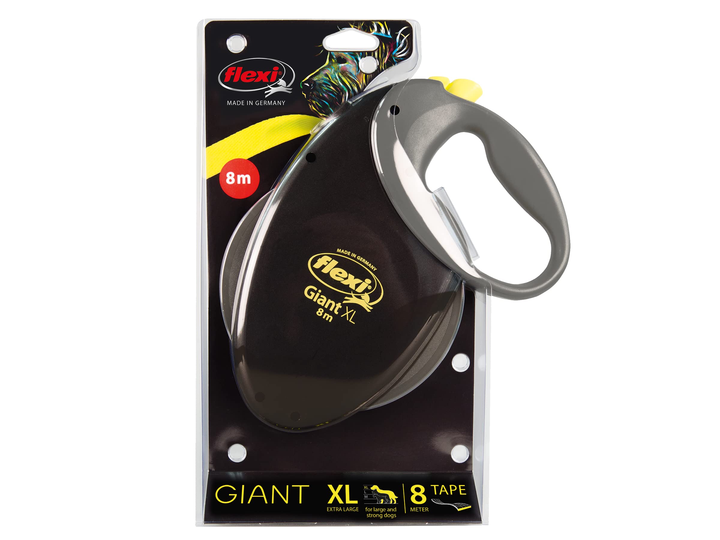 Flexi Giant Neon Tape Black Extra Large 8m Retractable Dog Leash/Lead for dogs up to 75kgs/165lbs