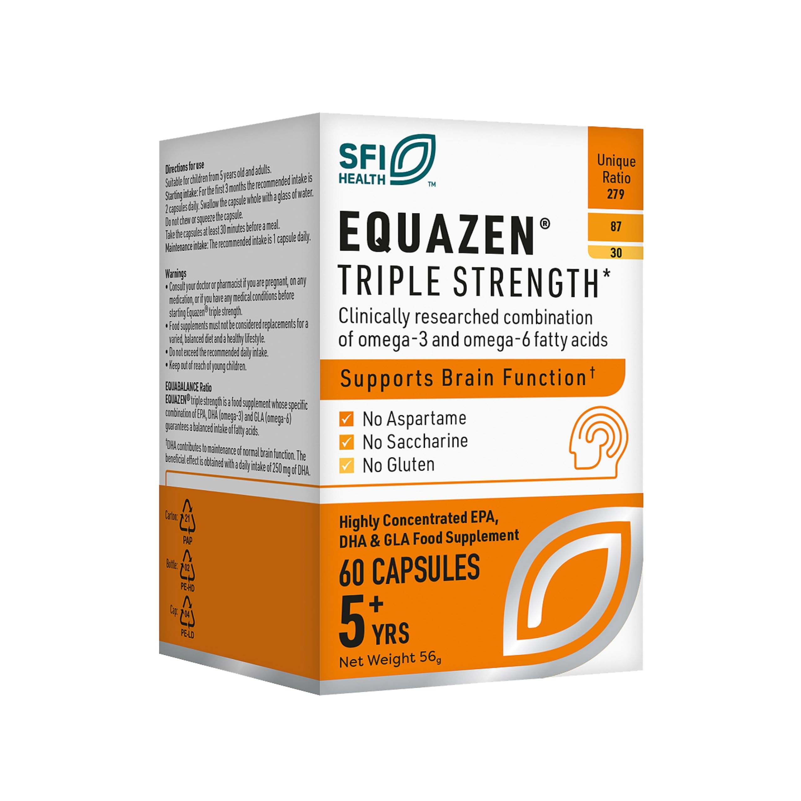 EQUAZEN Triple Strength Capsules | Omega 3 & 6 Supplement | Blend of DHA, EPA & GLA | Supports Brain Function | Suitable from 5 Years Old to Adults | 60 One-a-Day Capsules